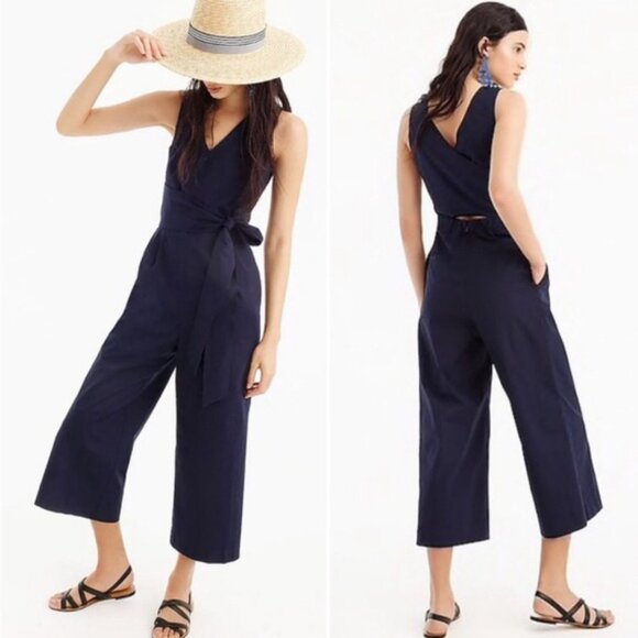J Crew Wrap Tie in Stretch Poplin Preppy Spring Casual Chic Navy Blue Jumpsuit - Picture 1 of 16